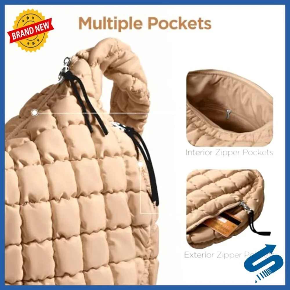 Large Quilted Puffer Tote Bag with Crossbody Strap, Multiple Pockets